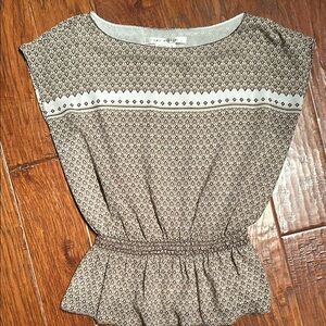 Cream Smocked Blouse with Rounded Neckline and Cap Sleeves